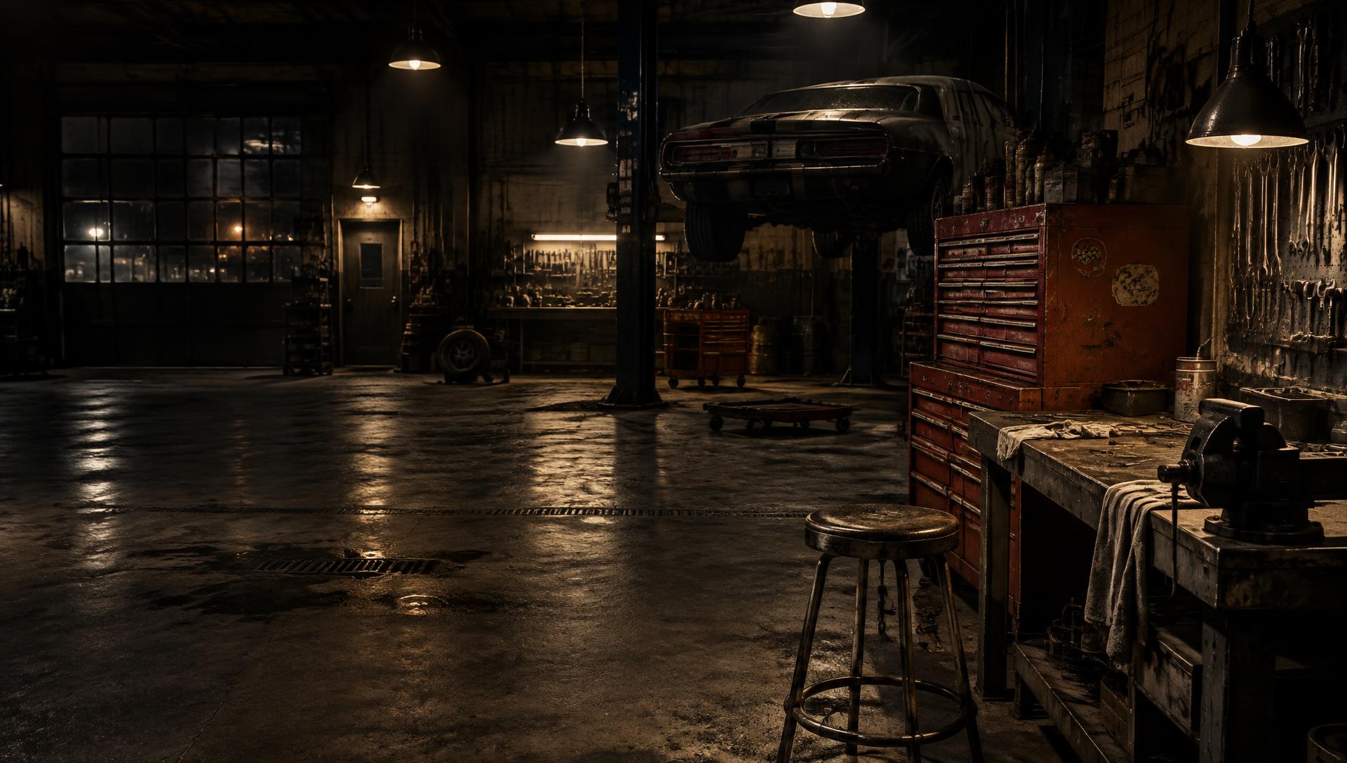 A weathered independent automotive service bay